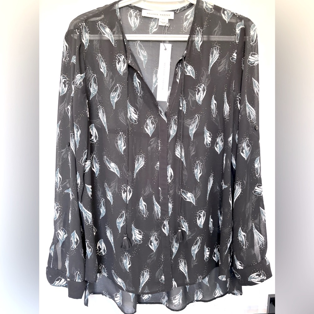 NWT MELISSA NEPTON designer blouse top black w/print M sheer style long …